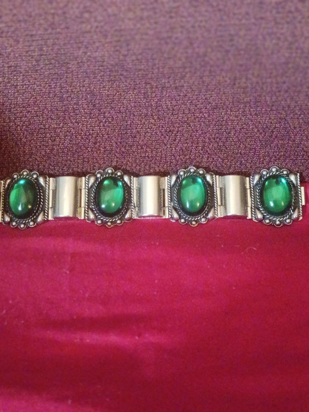 Silver-Tone Bracelet with Green Cabochon Accents - Women's Jewelry
